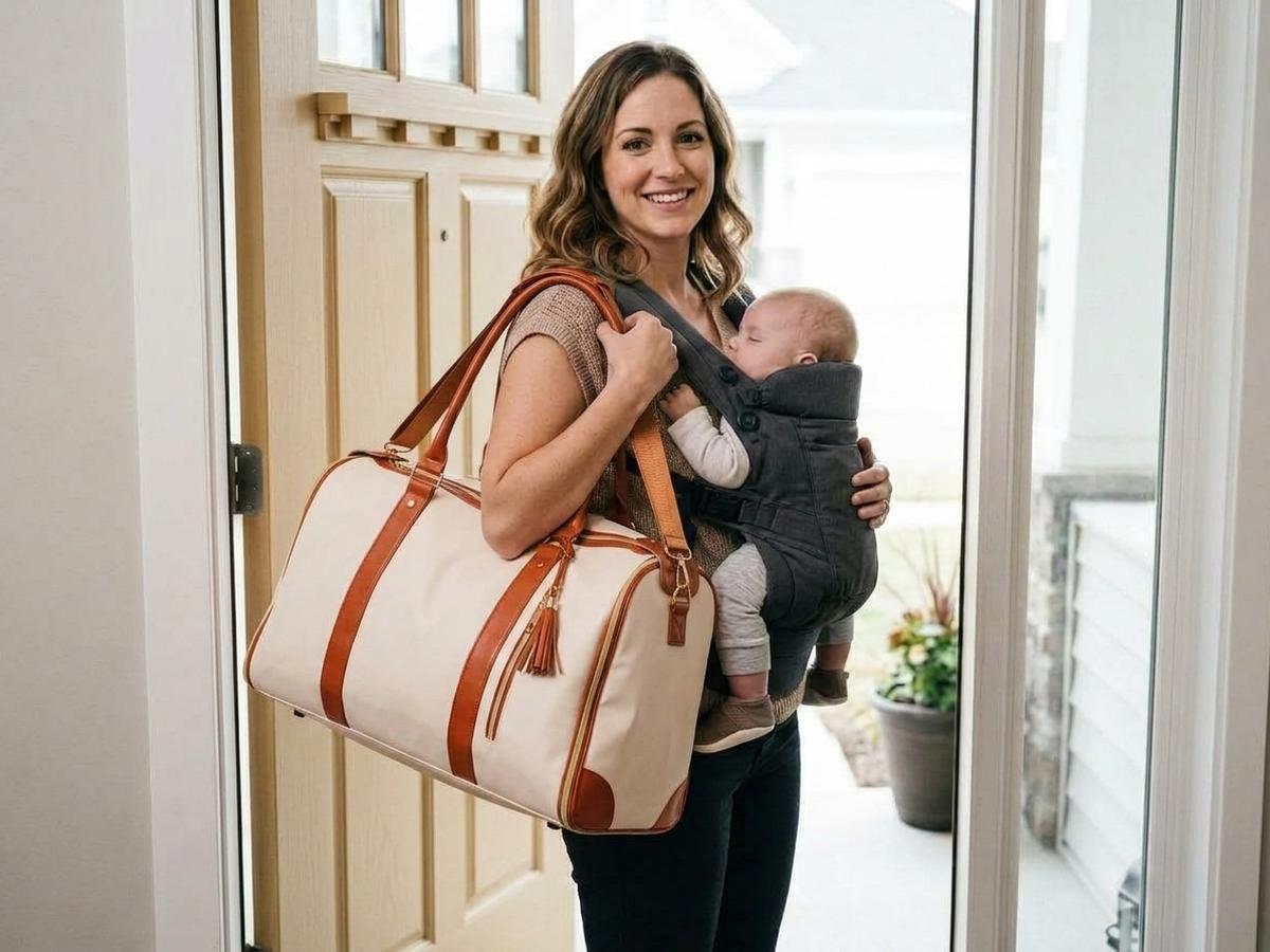 A young mom holding a single soft carry-on bag, ready to leave for the airport with her baby