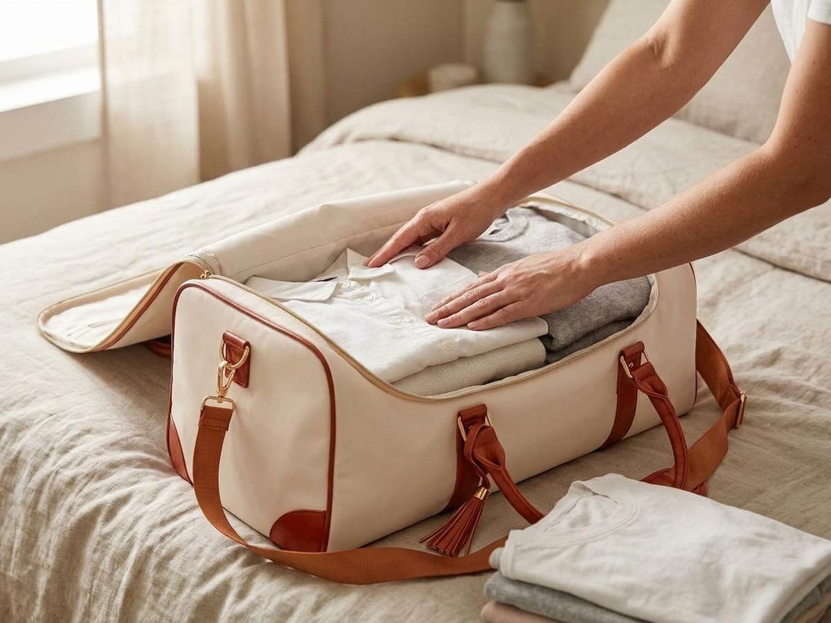 A mom packing clothes flat into the Vohxe bag's hidden lining compartment at home