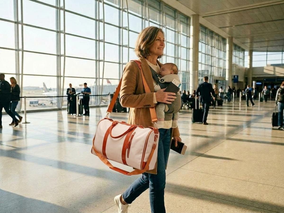 A young mom traveling confidently with her baby and one carry-on bag
