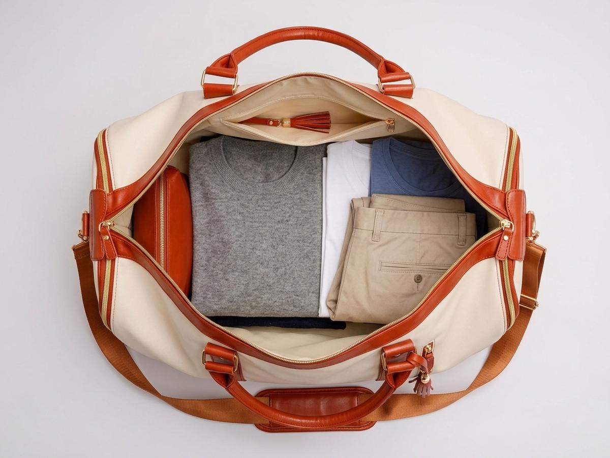 The open Vohxe bag with clothes packed flat in the lining and room in the main compartment