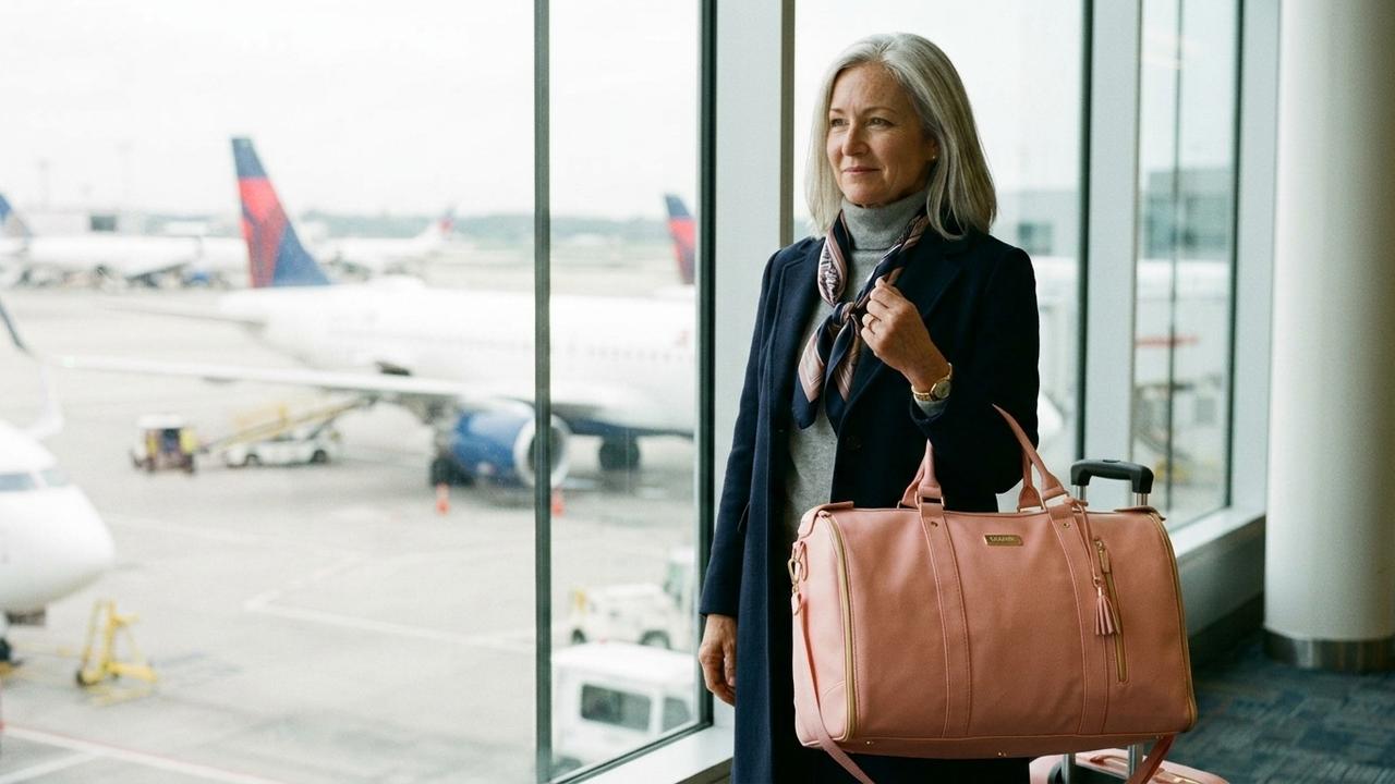 A poised woman in her late fifties standing with her Vohxe travel bag