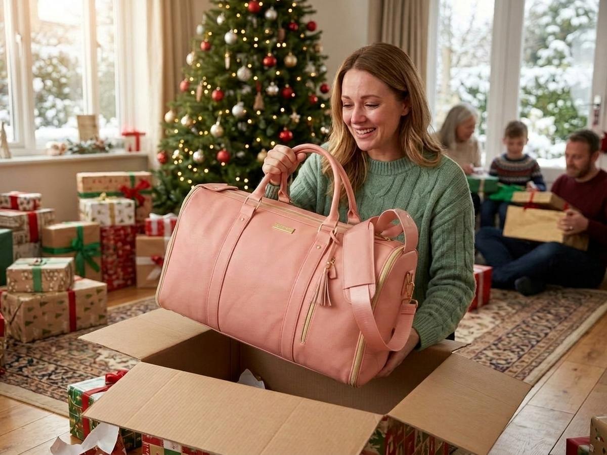 A woman opening a gift box with a Vohxe travel bag inside on Christmas morning