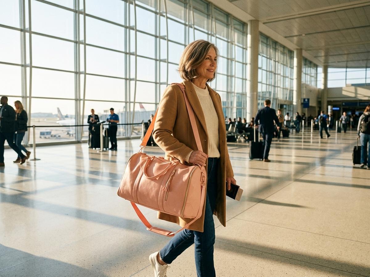 An older woman traveling confidently through the airport with the Vohxe bag