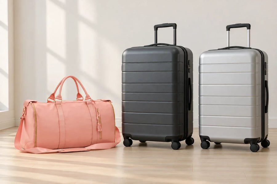 Illustration: the rose pink Vohxe travel bag standing on a wooden floor beside two much larger hard-shell suitcases