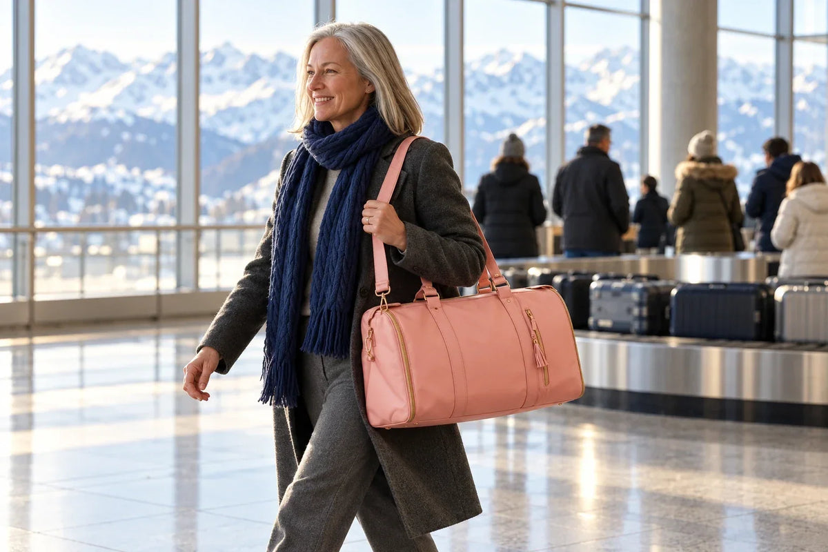 Illustration: a woman walking through an airport arrivals hall carrying a single rose pink travel bag on her shoulder, passing other travelers waiting at a baggage carousel