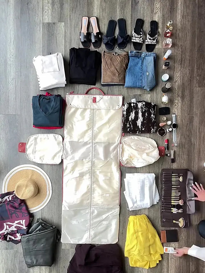 Ten days of clothing, shoes, toiletries and accessories laid out on the floor beside the open garment compartment of the Vohxe Travel Bag