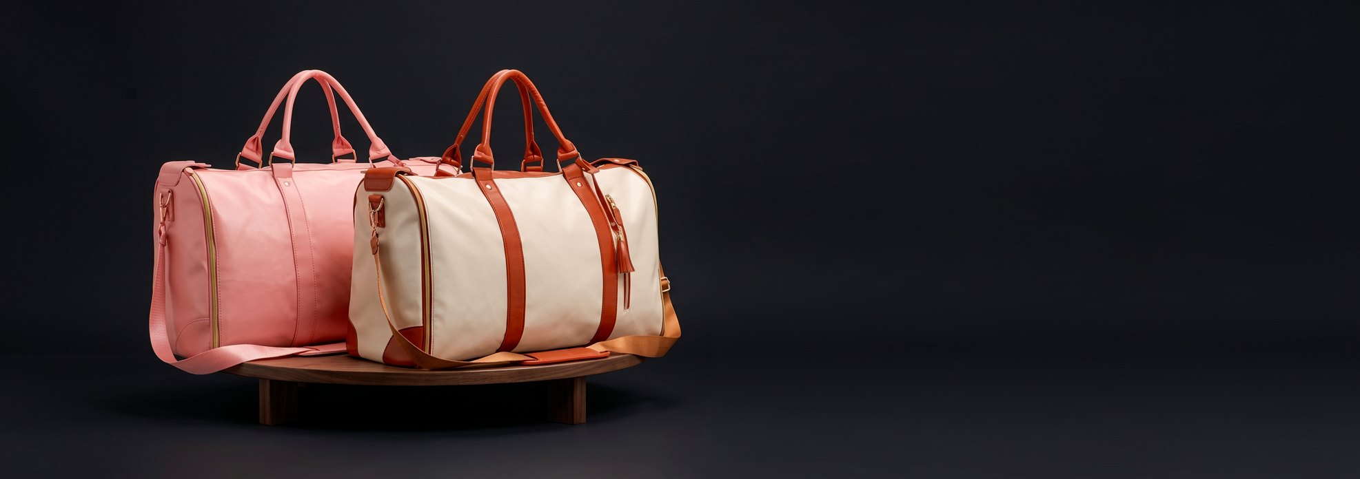 Vohxe travel bags in pink and cream on a wooden table