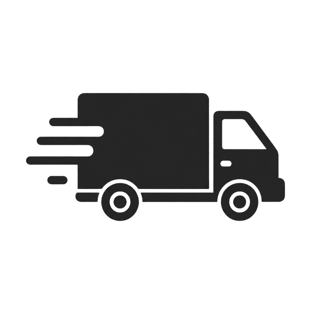 A black icon of a delivery truck in motion on a white background.