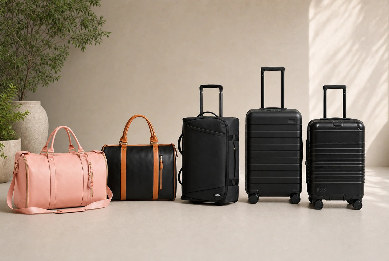 The carry-on travel bags we tested, lined up for comparison, including the Vohxe Travel Bag 2.0