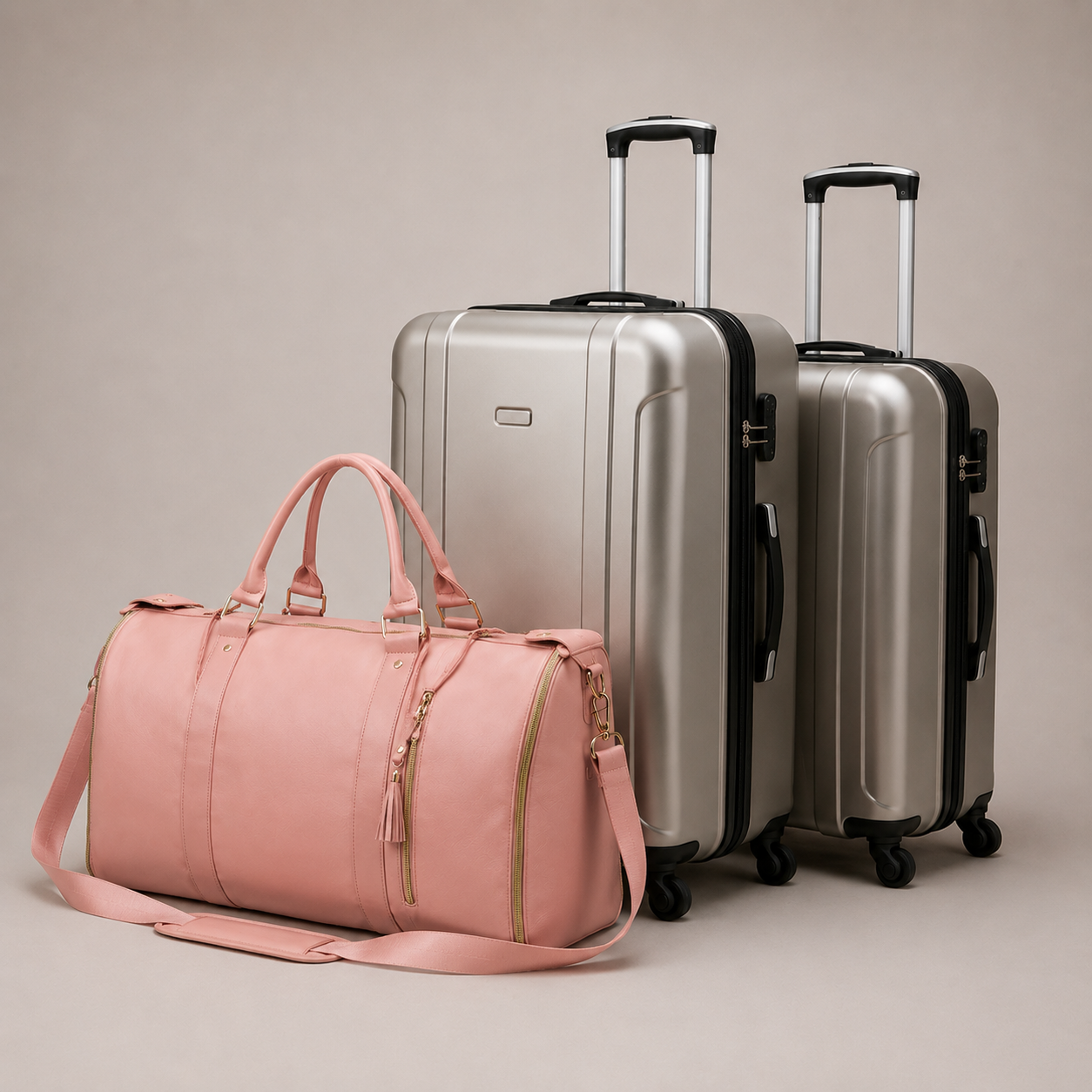 The rose pink Vohxe bag next to two bulky suitcases, showing how much smaller it packs