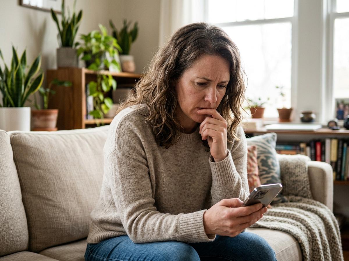 A woman sitting at home reading unsettling text messages on a phone, looking stunned