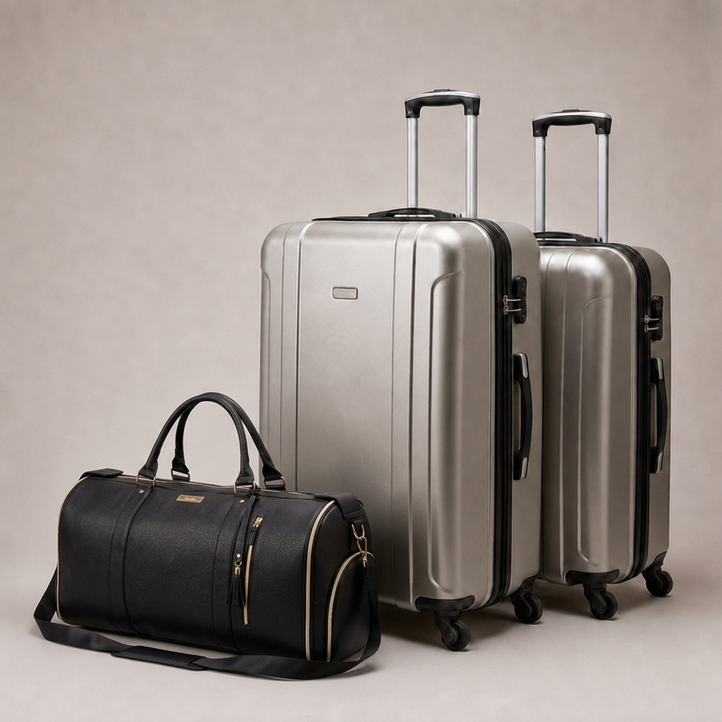 The charcoal black Vohxe bag next to two bulky suitcases, showing how much smaller it packs