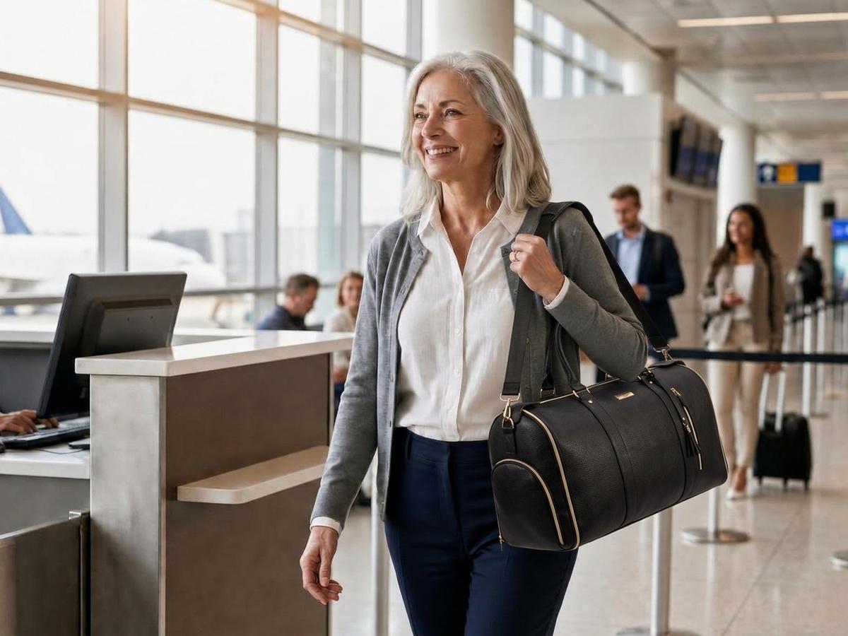 A confident woman in her early fifties walking through the airport with the charcoal black travel bag on her arm