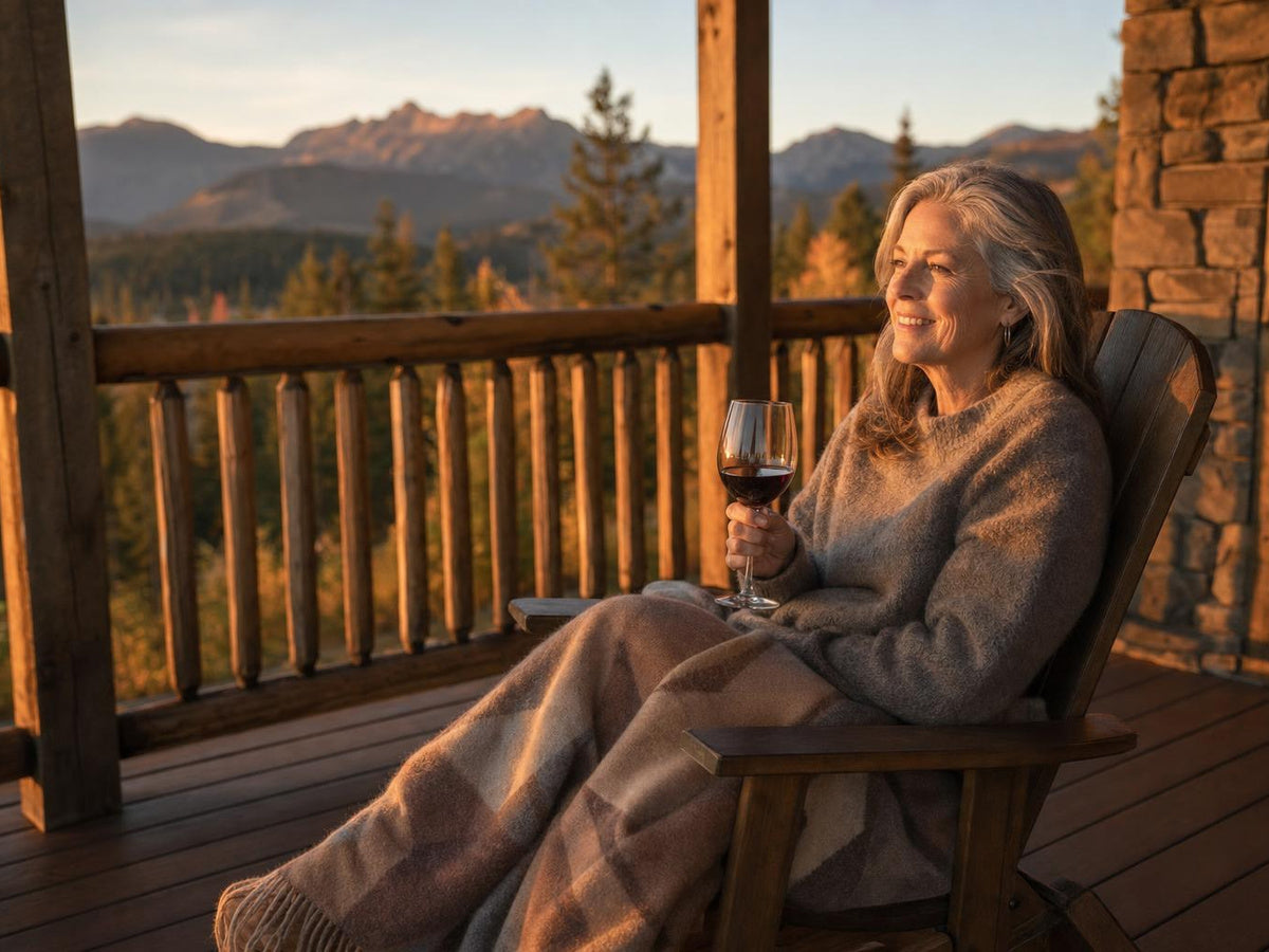 A woman in her early fifties relaxing alone on a mountain lodge porch at sunset with a glass of wine and a blanket, calm and content