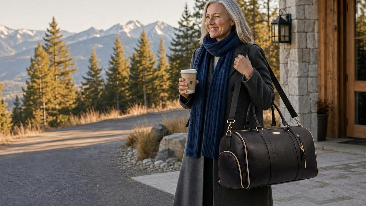 A woman in her early fifties arriving calm and composed at a Montana mountain lodge in autumn, a coffee in one hand and a charcoal black travel bag on her shoulder