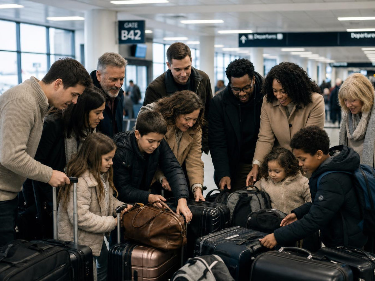 A large extended family gathered at an airport departure gate surrounded by piles of luggage, preparing for a family trip