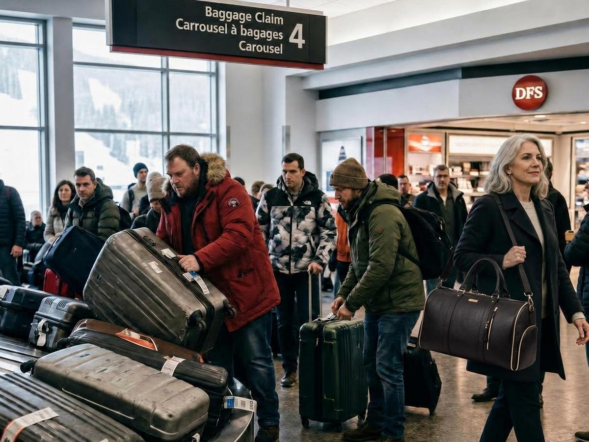 A stressed family struggling with oversized suitcases at an airport bag drop while one calm woman walks past with a single charcoal black travel bag