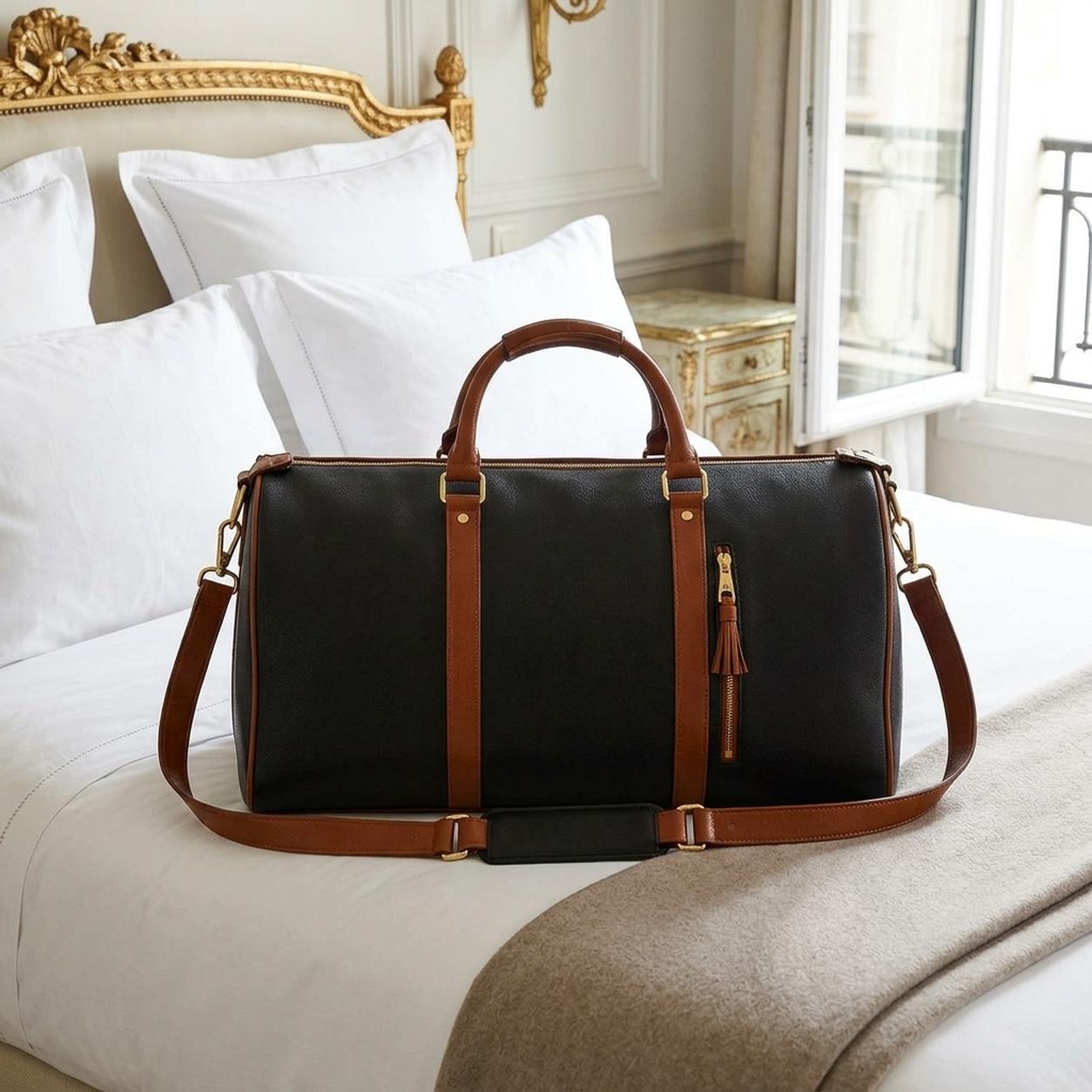 The charcoal black Vohxe Travel Bag 2.0 packed and zipped on a hotel bed