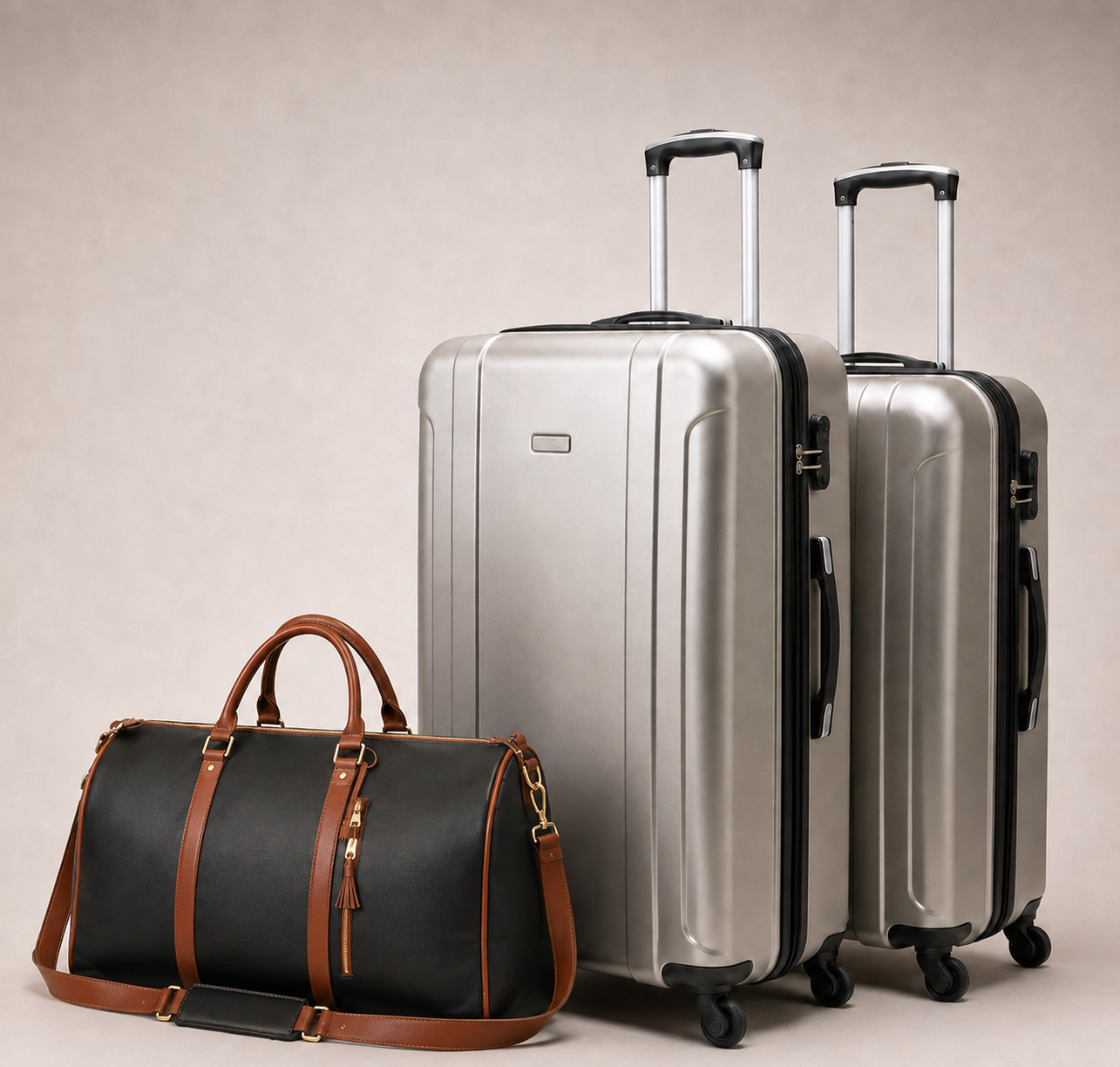 The charcoal Vohxe bag next to two bulky checked suitcases, showing how much smaller it packs