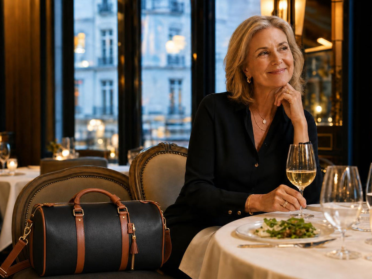 An elegant woman at a Paris restaurant with the charcoal black Vohxe bag on the chair beside her while a French Vogue editor photographs it