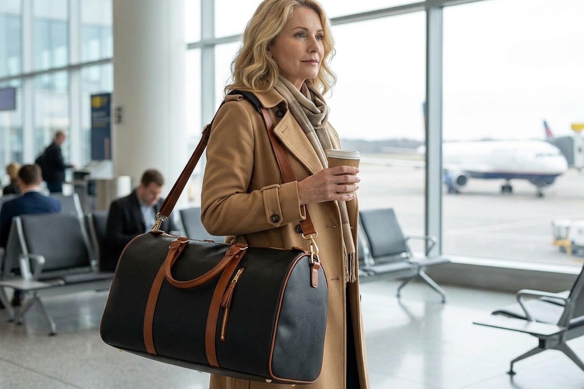 A woman in her early fifties arriving at a Paris airport, calm and composed, a coffee in one hand and the charcoal black Vohxe Travel Bag 2.0 on her shoulder