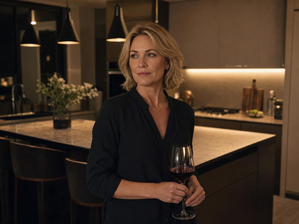 A woman sitting alone at her kitchen table in the evening, a glass of red wine in front of her, calm and thinking