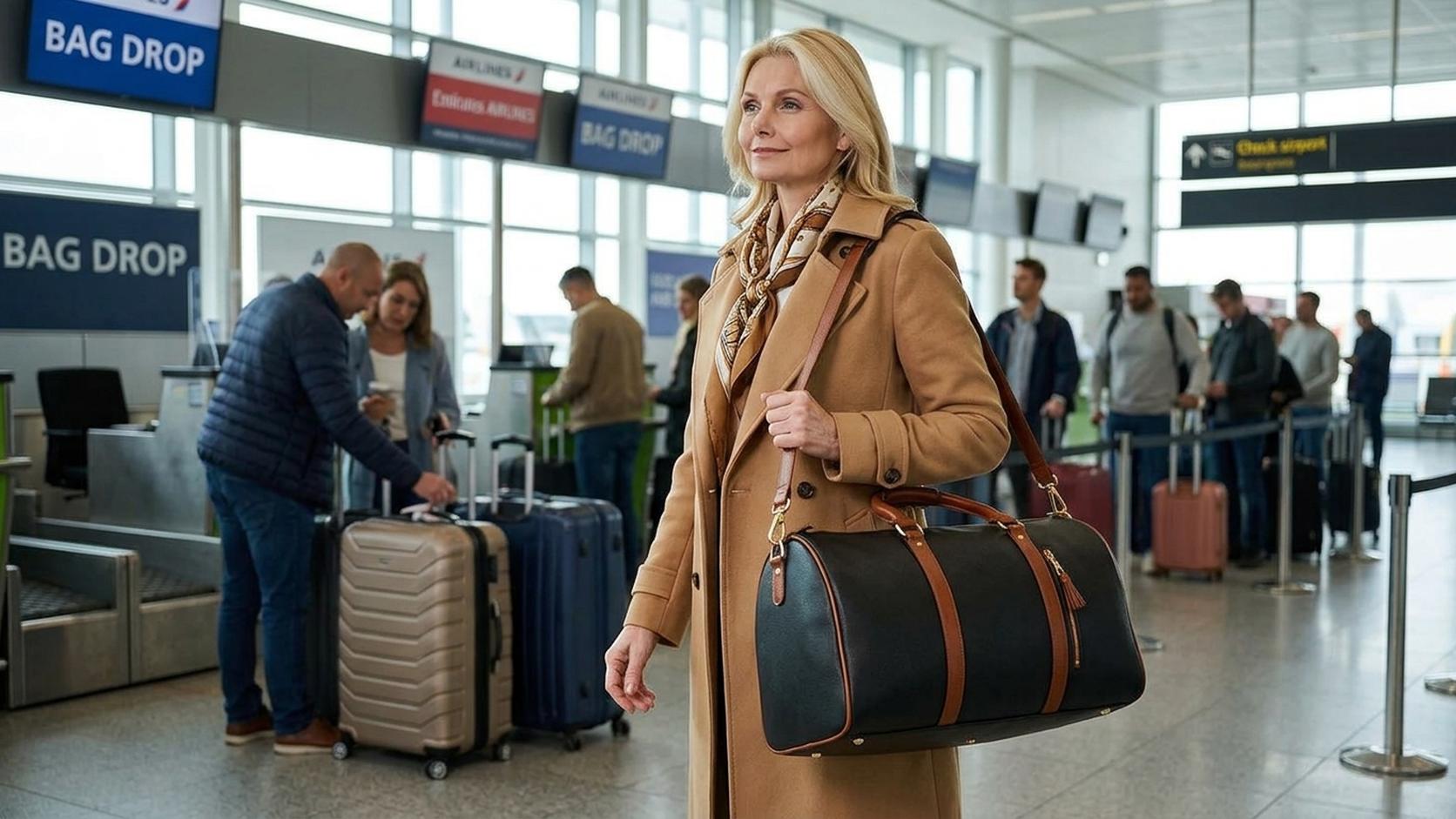 A traveler at an airline bag-drop counter surrounded by oversized suitcases while a woman walks past with a single charcoal shoulder bag