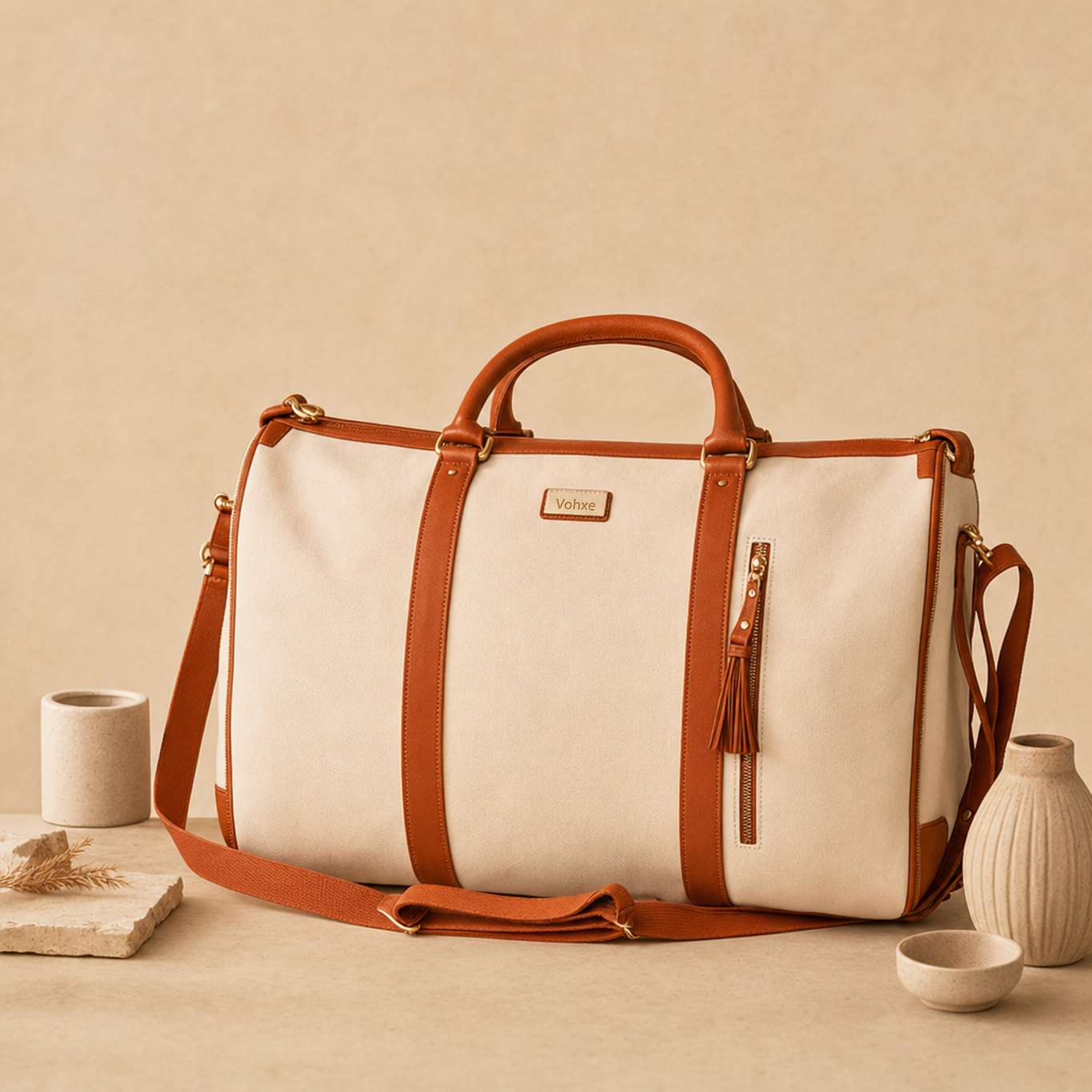 The soft leather Vohxe travel bag, weekender sized, on a clean surface