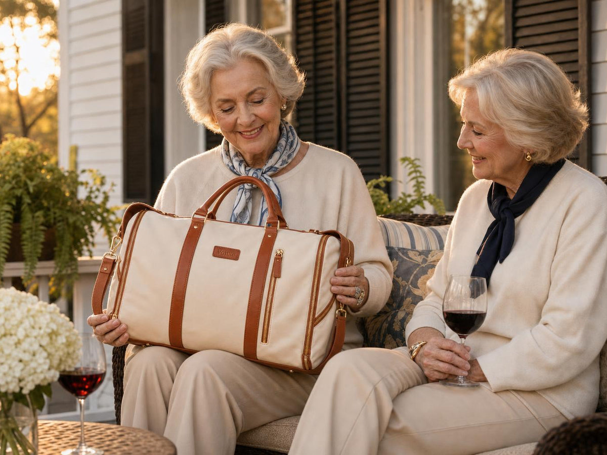 Two elegant women in their eighties on a porch at golden hour, one holding the leather travel bag