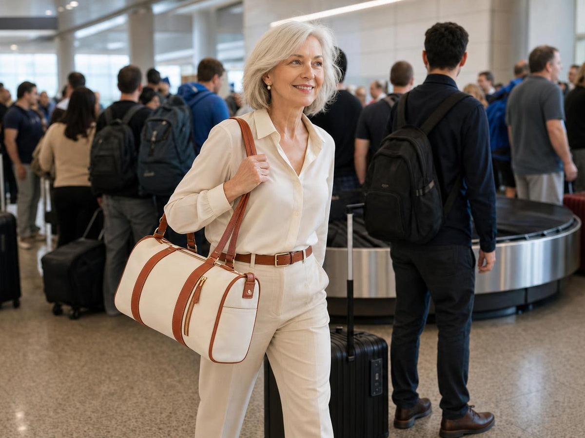 An older woman walking calmly past a crowded baggage carousel carrying only her leather shoulder bag