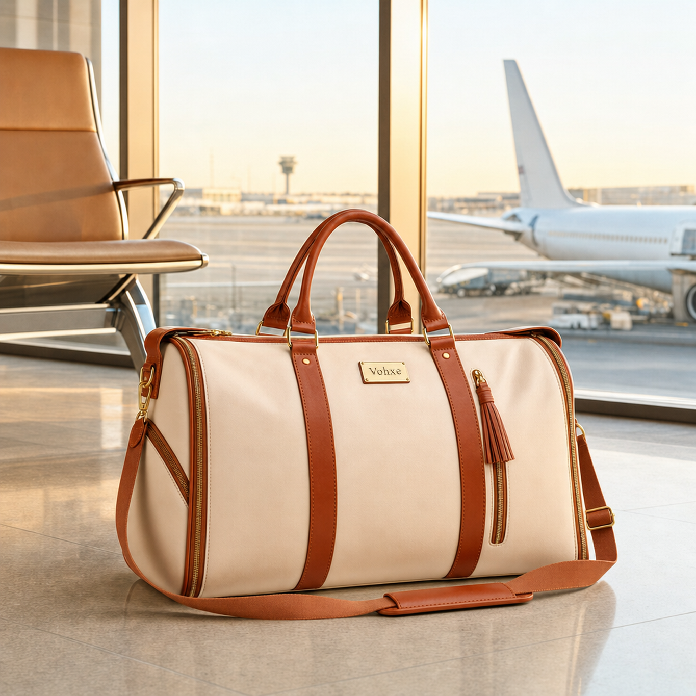 The Vohxe travel bag in soft leather by a runway window in golden light