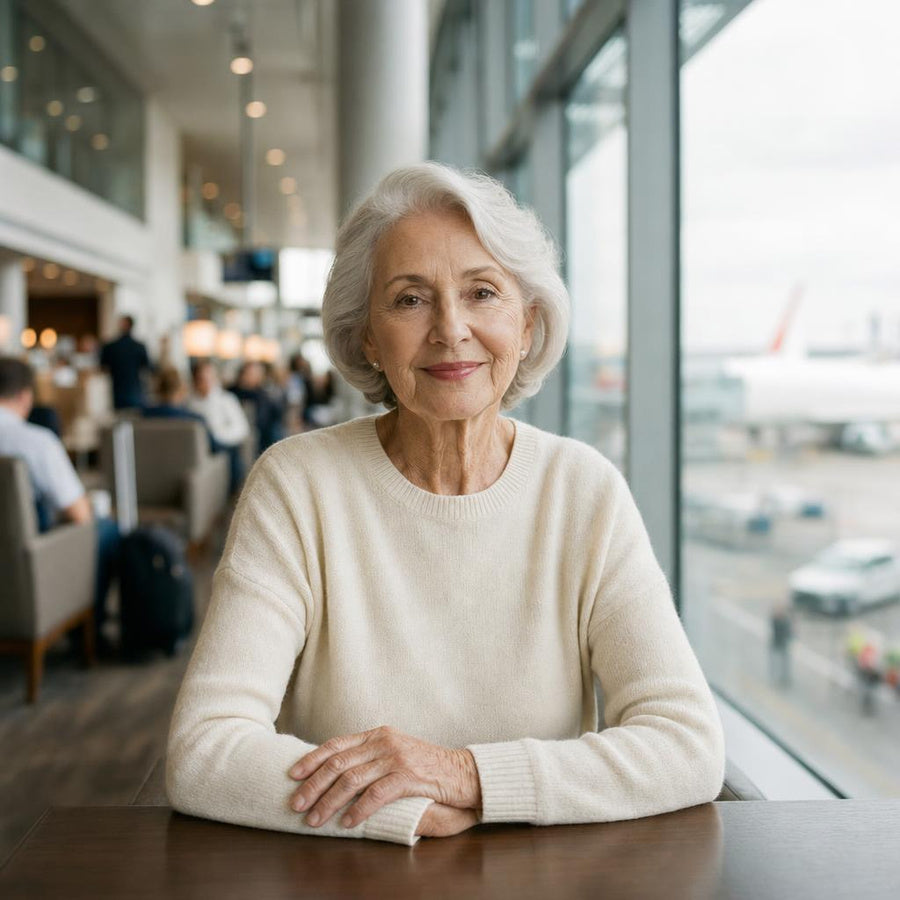 A retired flight attendant, 81, smiling in a tailored jacket in an airport lounge