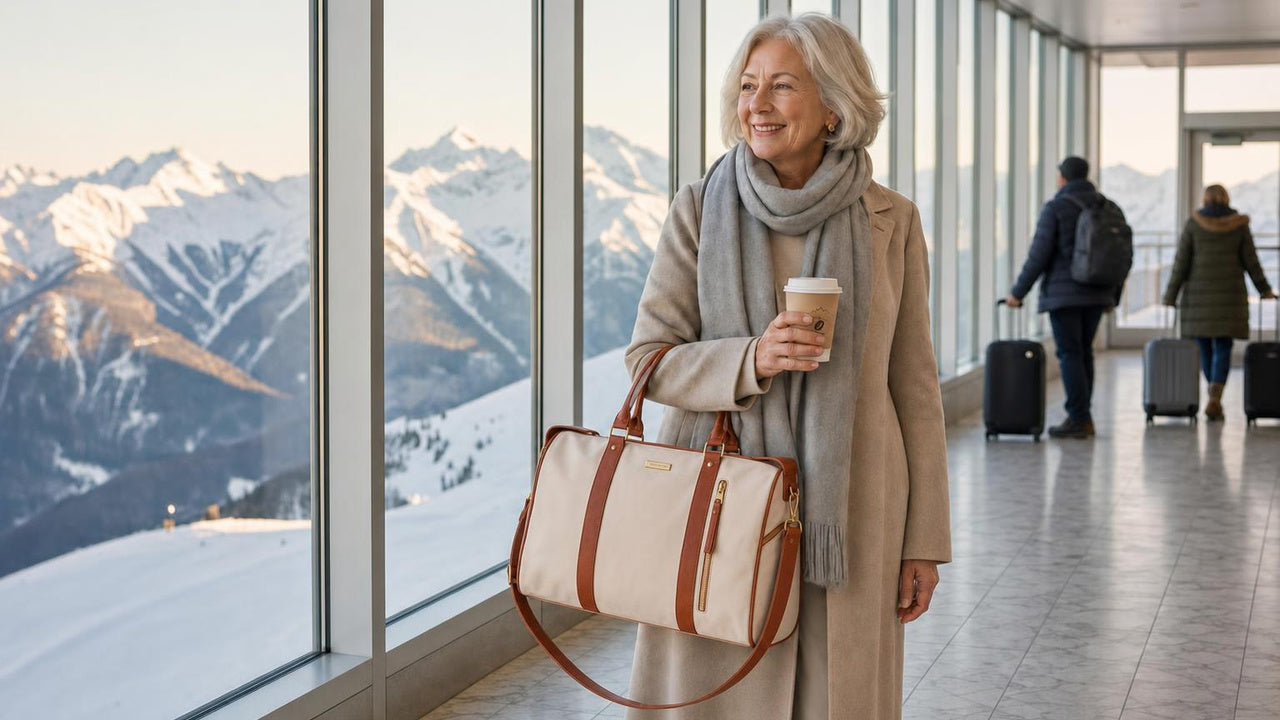 An older woman walking calmly through an airport terminal with a soft leather shoulder bag, coffee in one hand