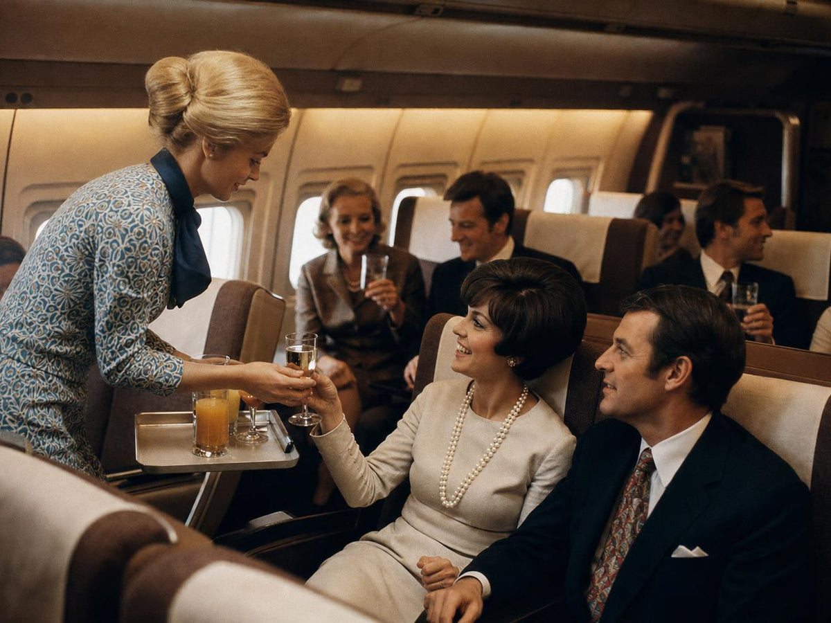 A 1960s airline cabin with well-dressed passengers and a flight attendant serving cocktails in real glasses