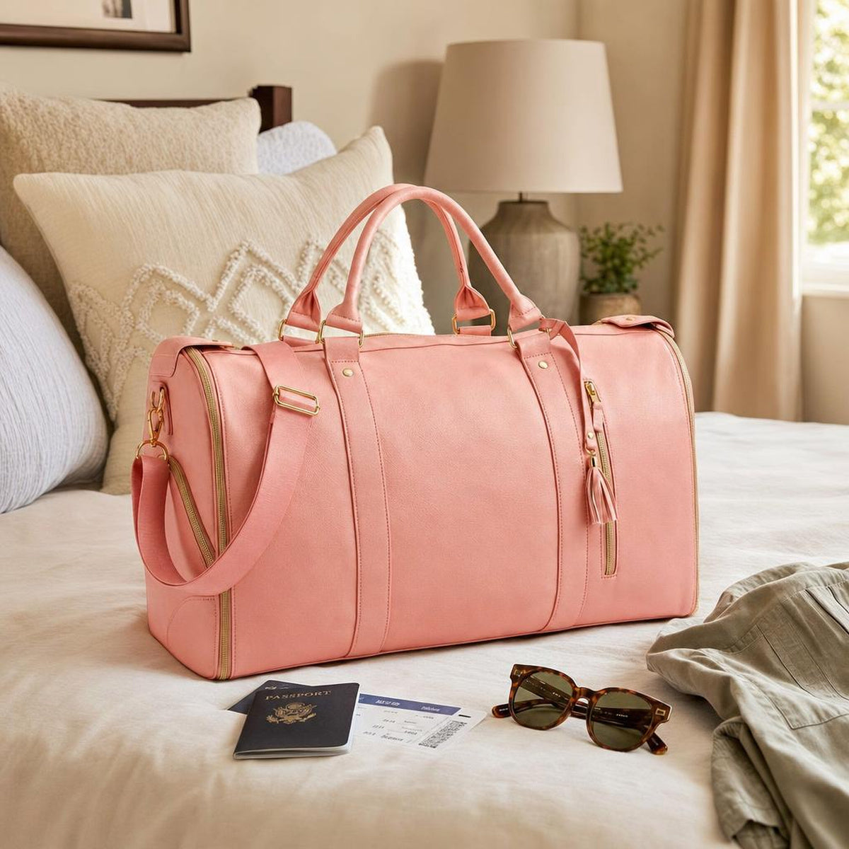 A rose-pink Vohxe travel bag packed on a made bed beside a passport, boarding pass, sunglasses and jacket