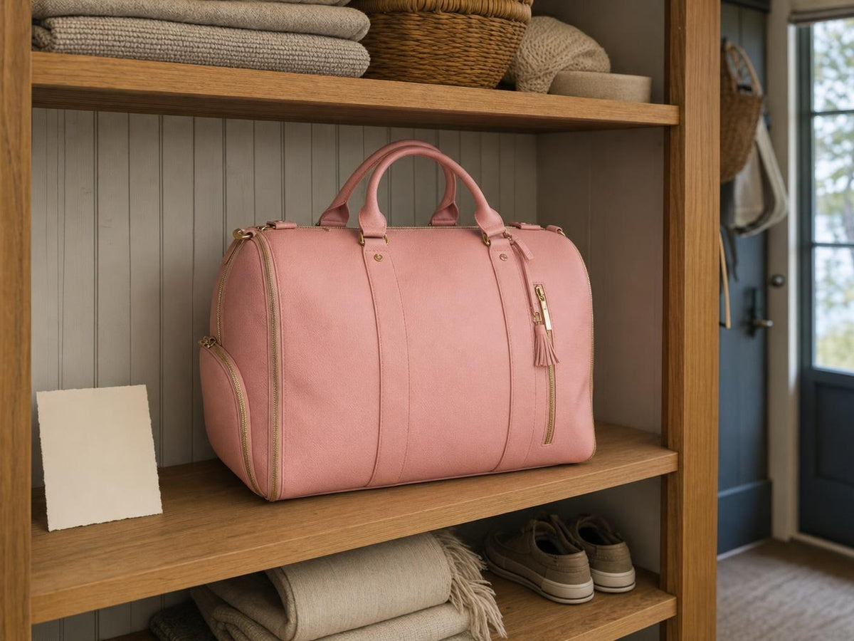 A rose-pink Vohxe travel bag on a hall-closet shelf in a lake house, a small handwritten card propped beside it