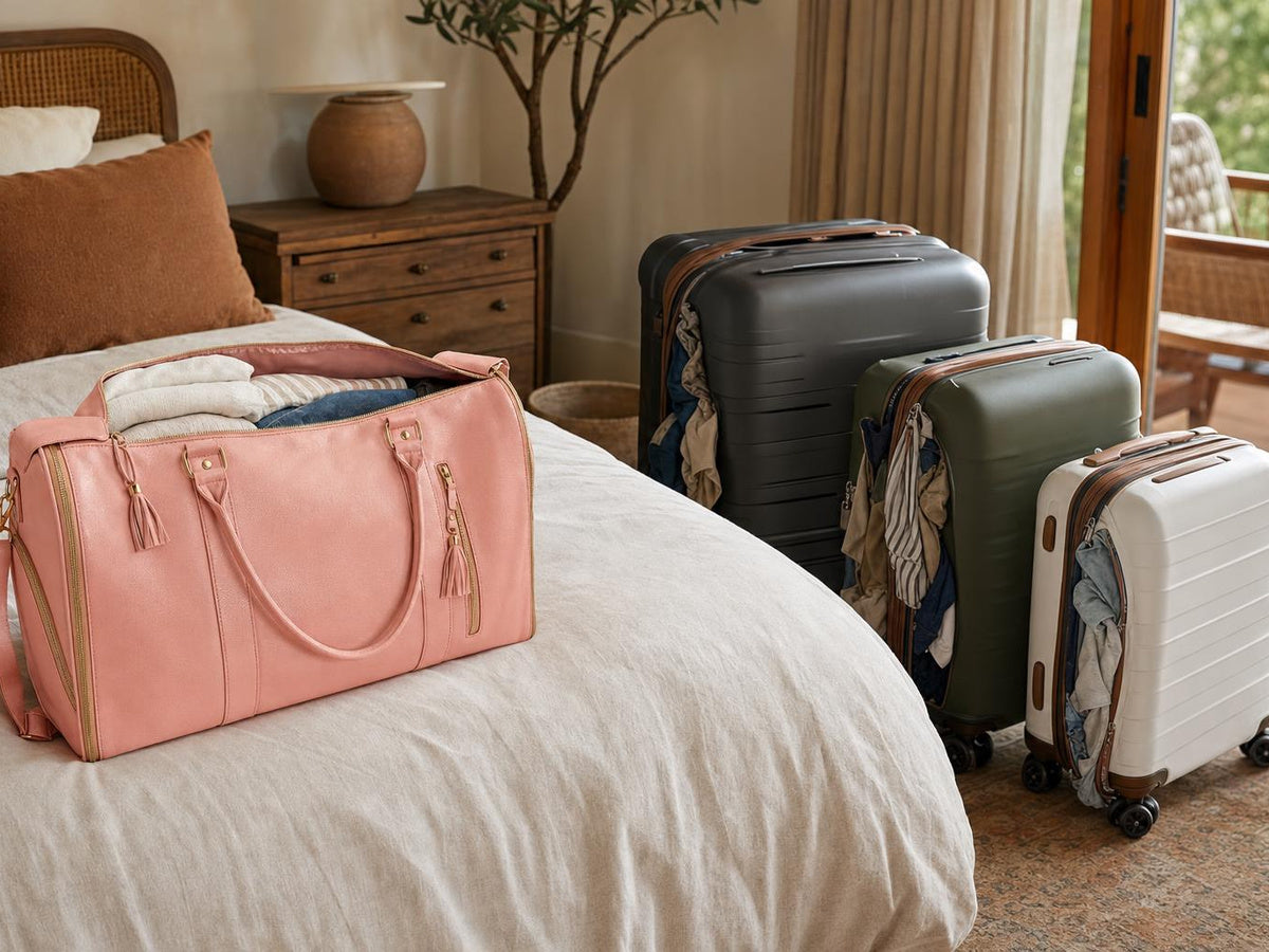 A rose-pink Vohxe travel bag packed open on a bed with three overpacked rolling suitcases on the floor nearby