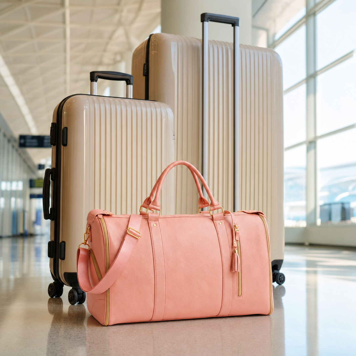 The rose pink Vohxe bag next to two bulky suitcases, showing how much smaller it packs