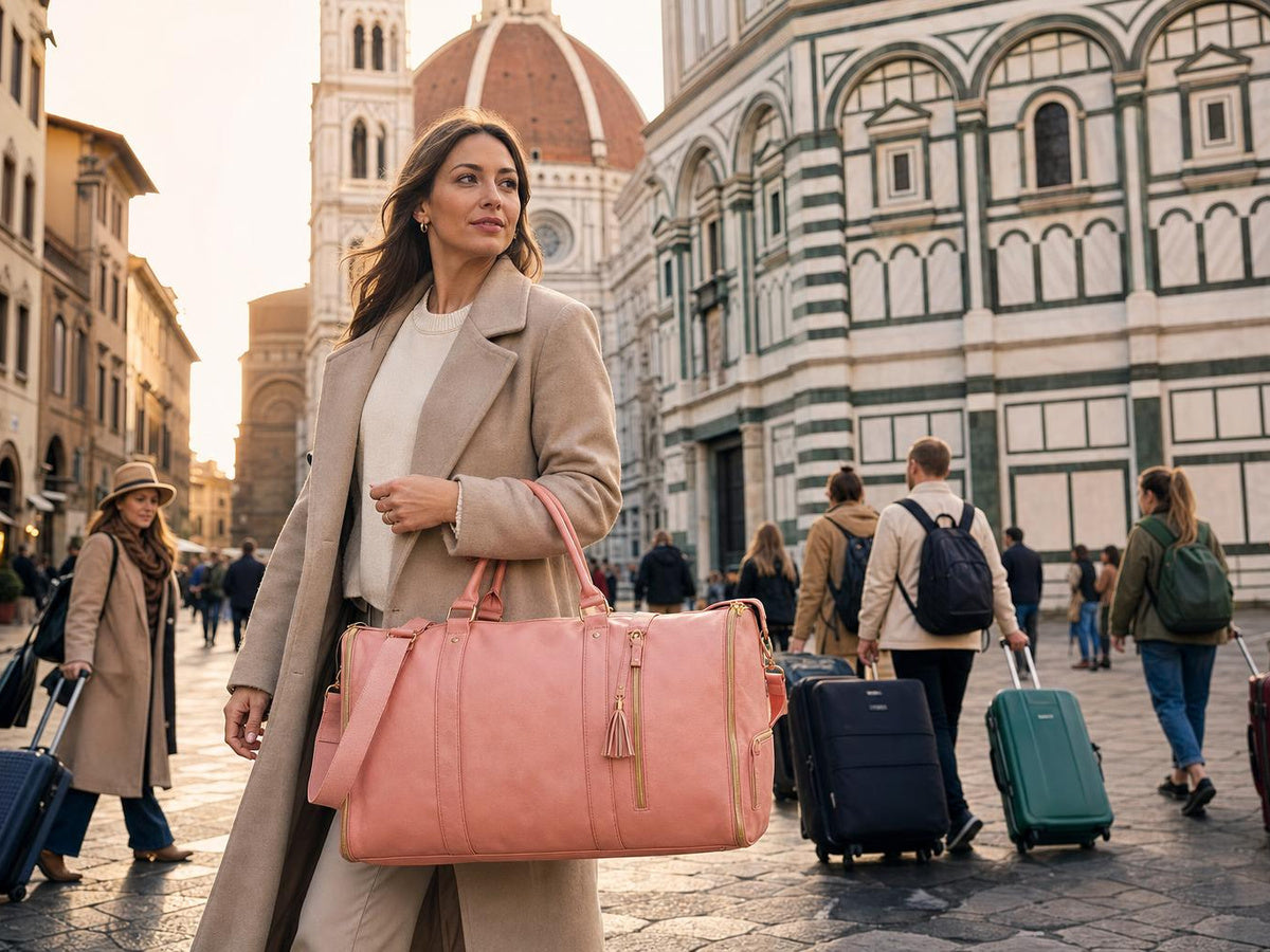 Claire walking a Florence street at golden hour with one rose pink Vohxe bag while other travelers struggle with suitcases