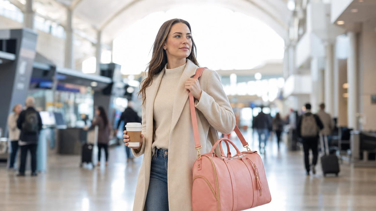 A woman arriving at an Italian airport, calm and composed, a coffee in one hand and a rose pink travel bag on her shoulder