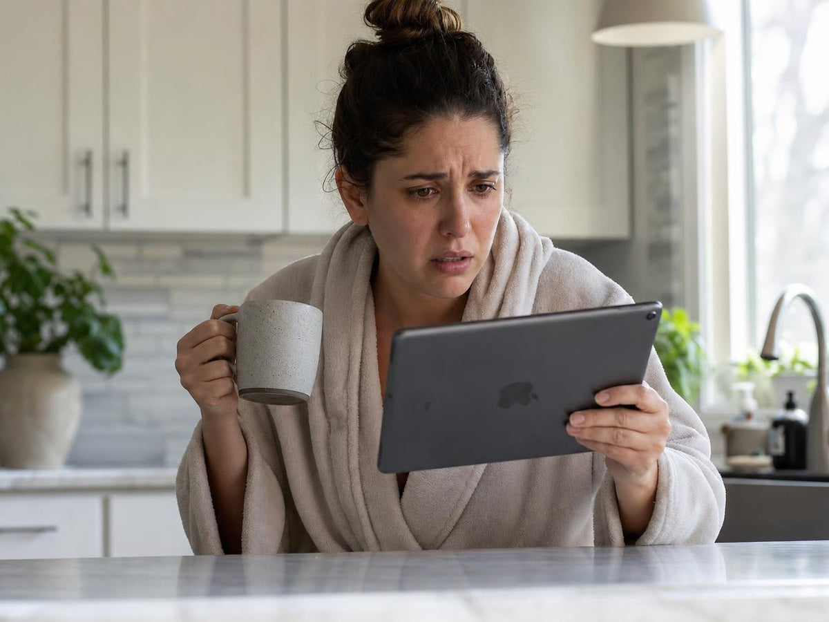 An iPad on a kitchen counter showing a flight booking confirmation